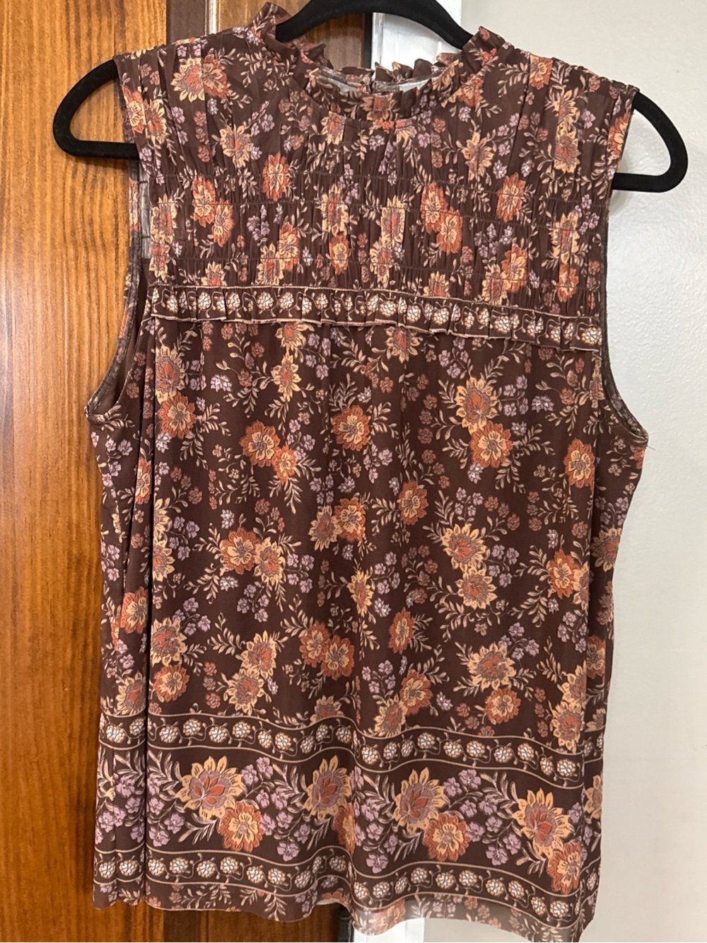 Daniel Rainn Brown Floral Sleeveless Ruffle-Neck Top